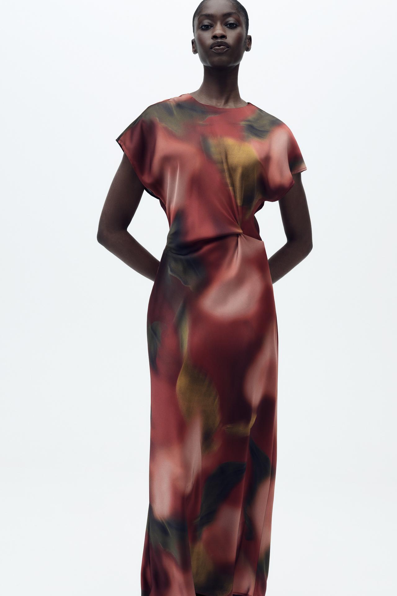 ZARA Printed Satin Midi Dress