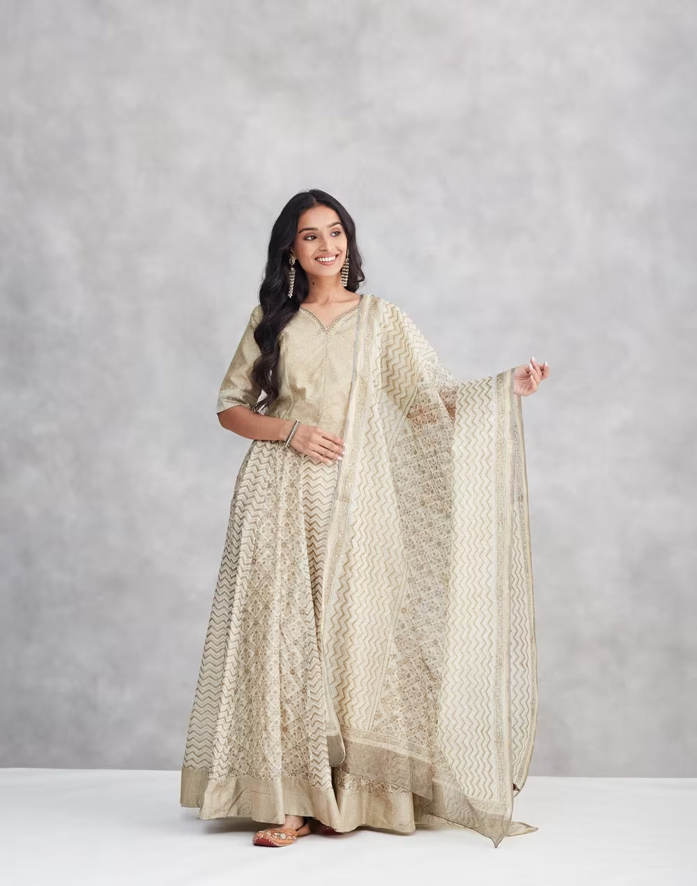 Beige Cotton Silk Hand Block Print Slim Fit Dupatta, Choli & Skirt Set
