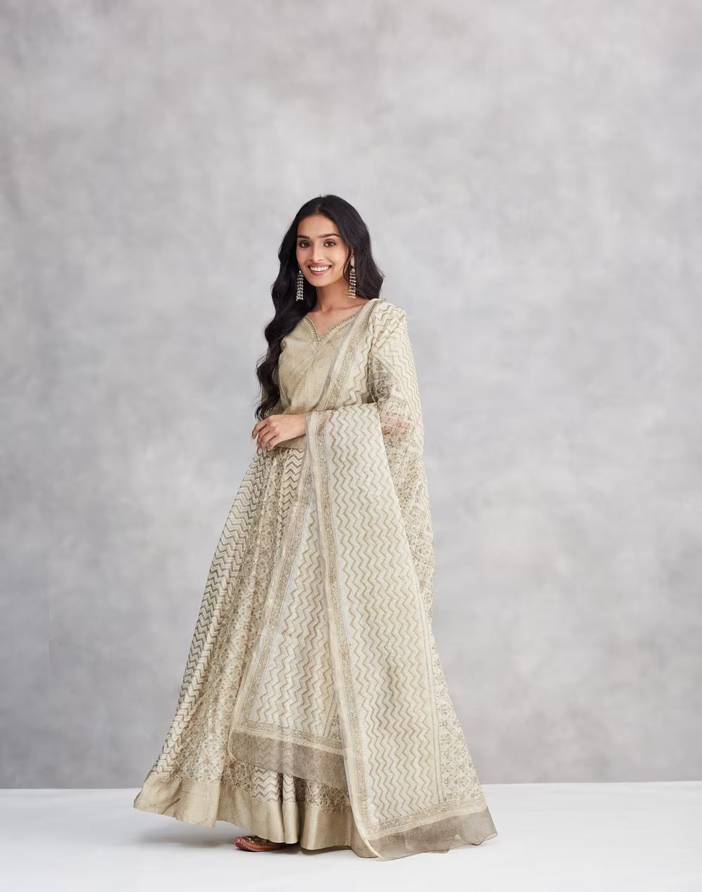 Beige Cotton Silk Hand Block Print Slim Fit Dupatta, Choli & Skirt Set