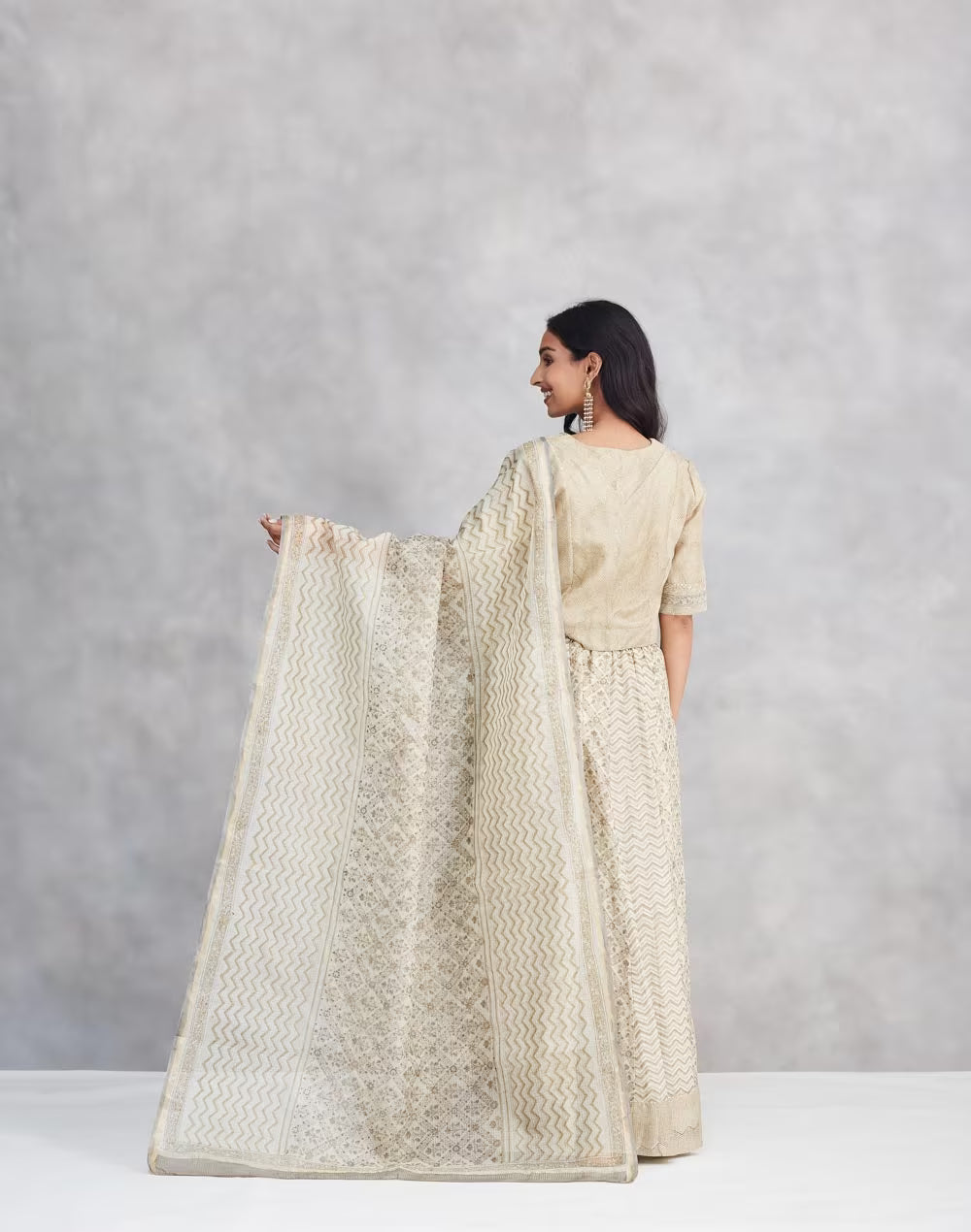 Beige Cotton Silk Hand Block Print Slim Fit Dupatta, Choli & Skirt Set