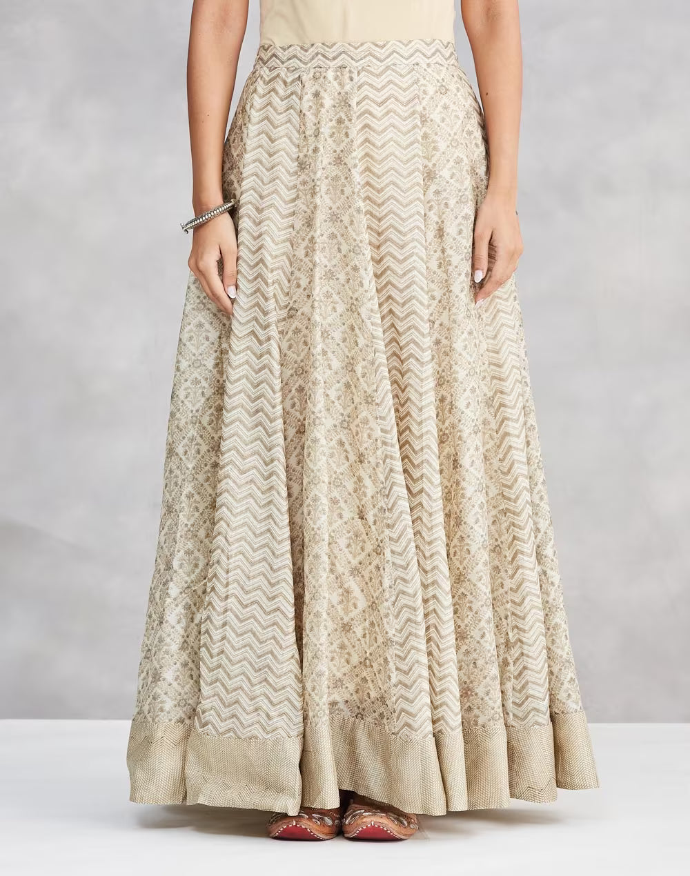 Beige Cotton Silk Hand Block Print Slim Fit Dupatta, Choli & Skirt Set