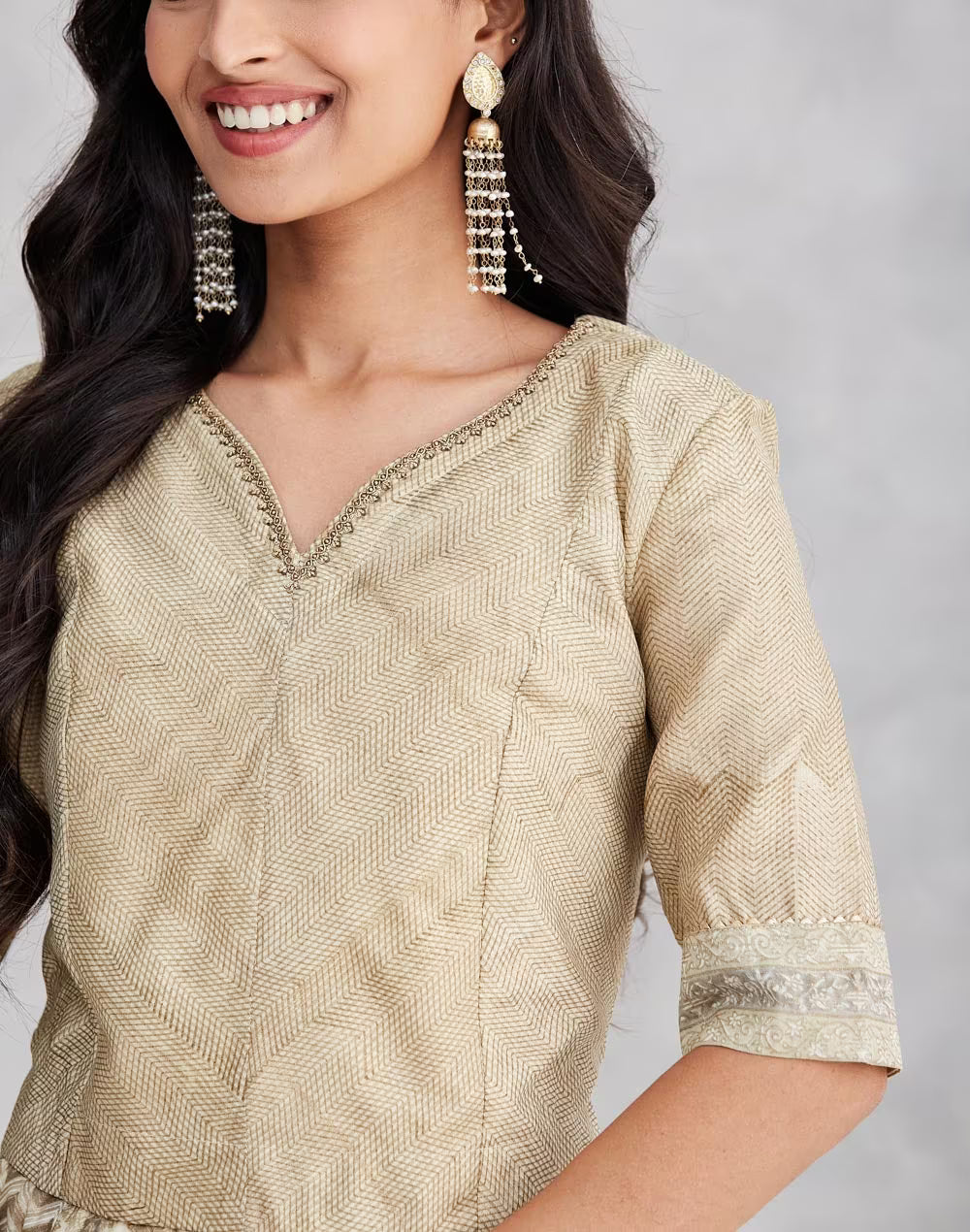 Beige Cotton Silk Hand Block Print Slim Fit Dupatta, Choli & Skirt Set