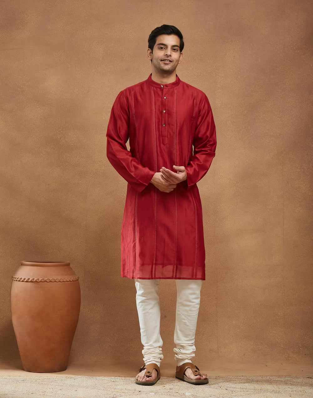 Red Cotton Silk Blend Striped Long Kurta