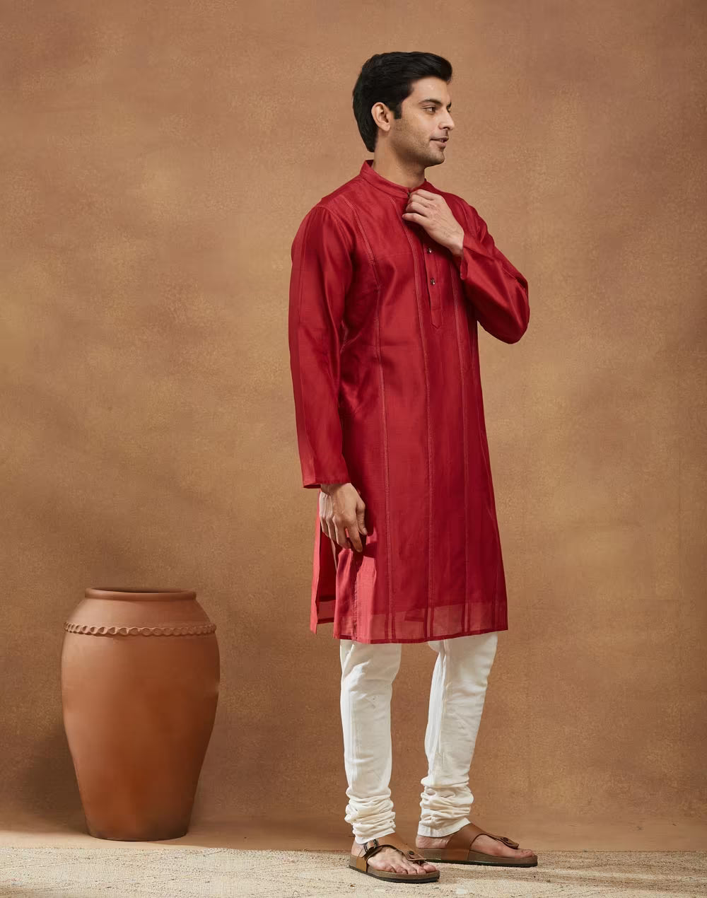 Red Cotton Silk Blend Striped Long Kurta