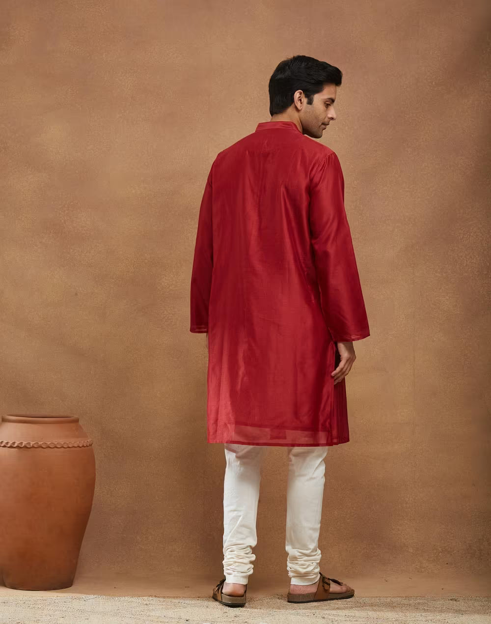 Red Cotton Silk Blend Striped Long Kurta