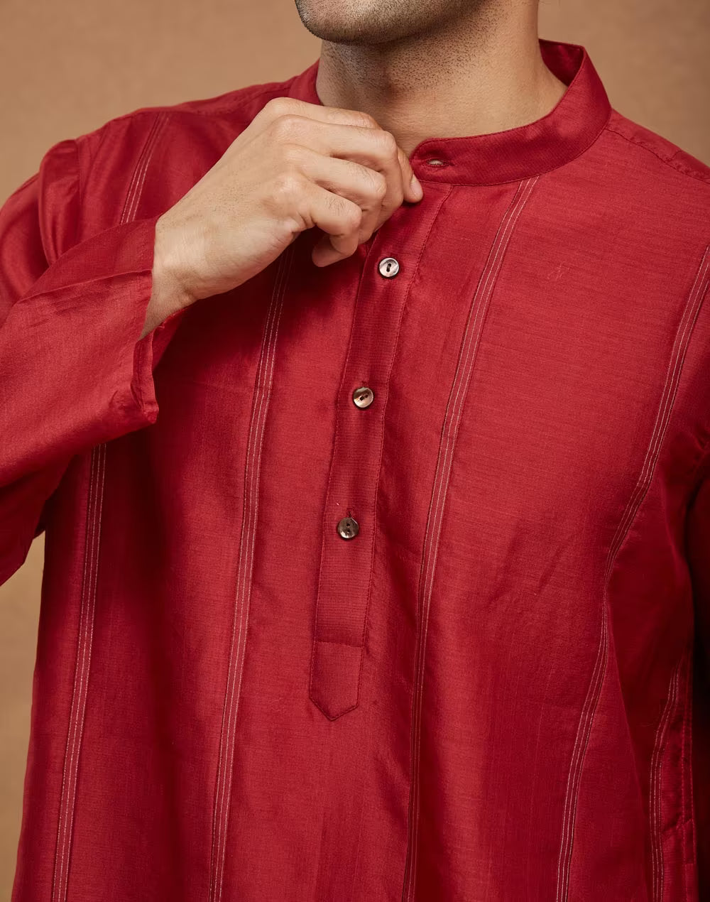 Red Cotton Silk Blend Striped Long Kurta