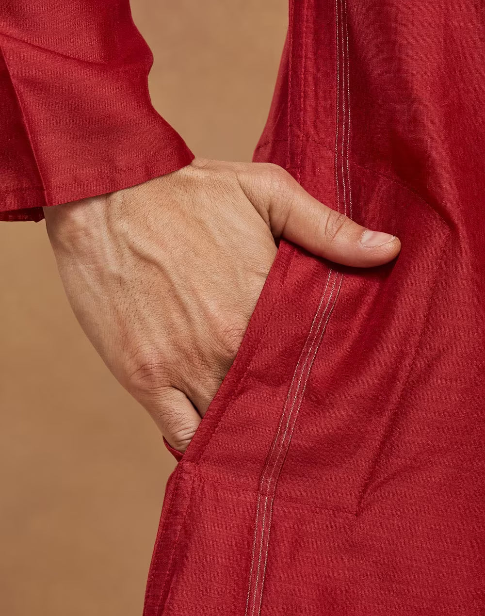 Red Cotton Silk Blend Striped Long Kurta