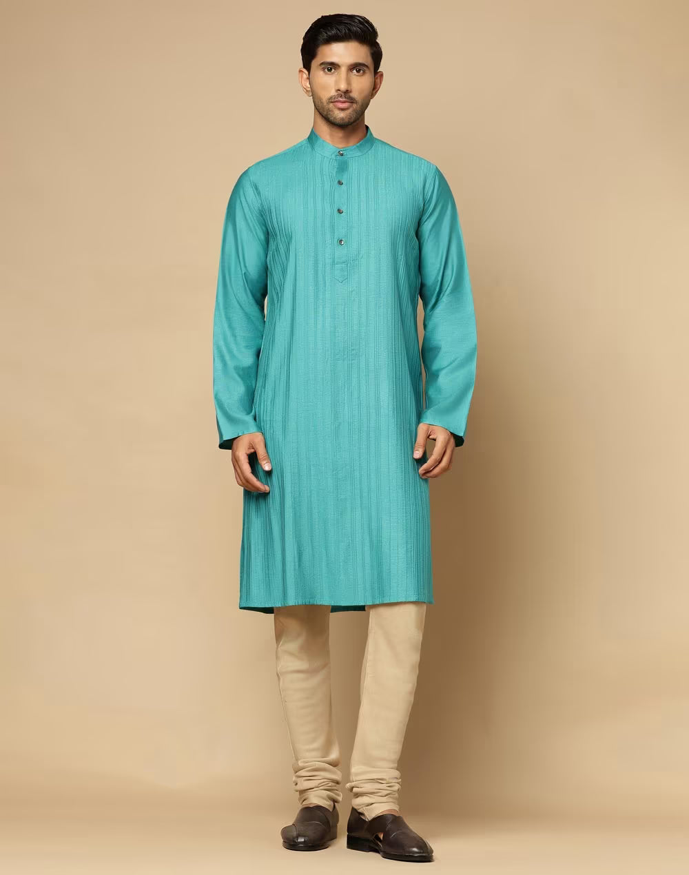 Turquoise Viscose Silk Pintucks Slim Fit Long Kurta