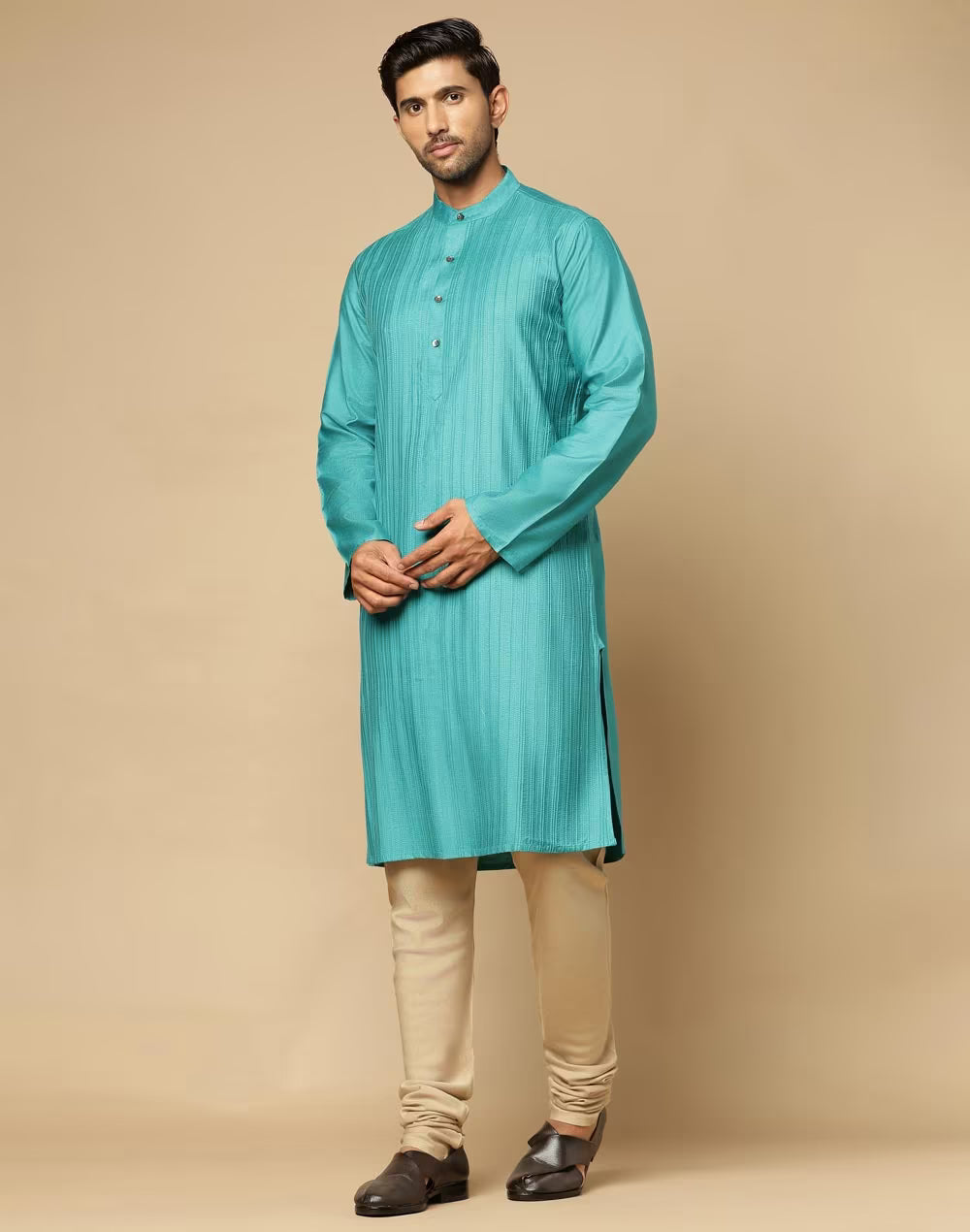 Turquoise Viscose Silk Pintucks Slim Fit Long Kurta