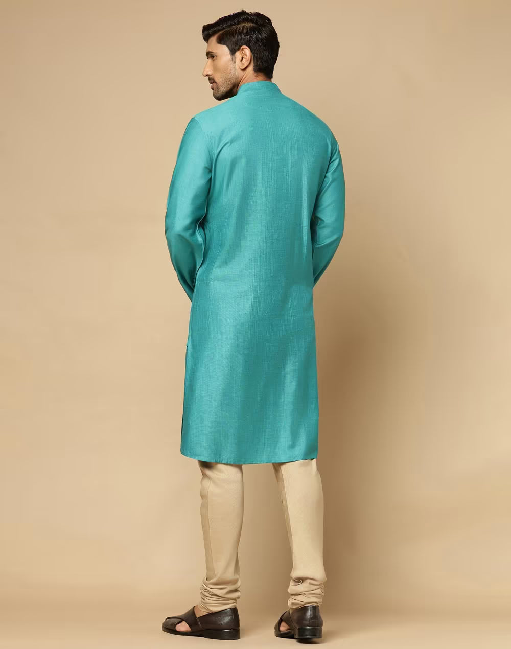 Turquoise Viscose Silk Pintucks Slim Fit Long Kurta