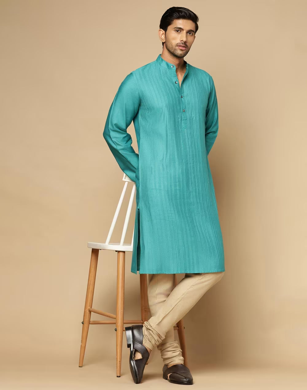 Turquoise Viscose Silk Pintucks Slim Fit Long Kurta