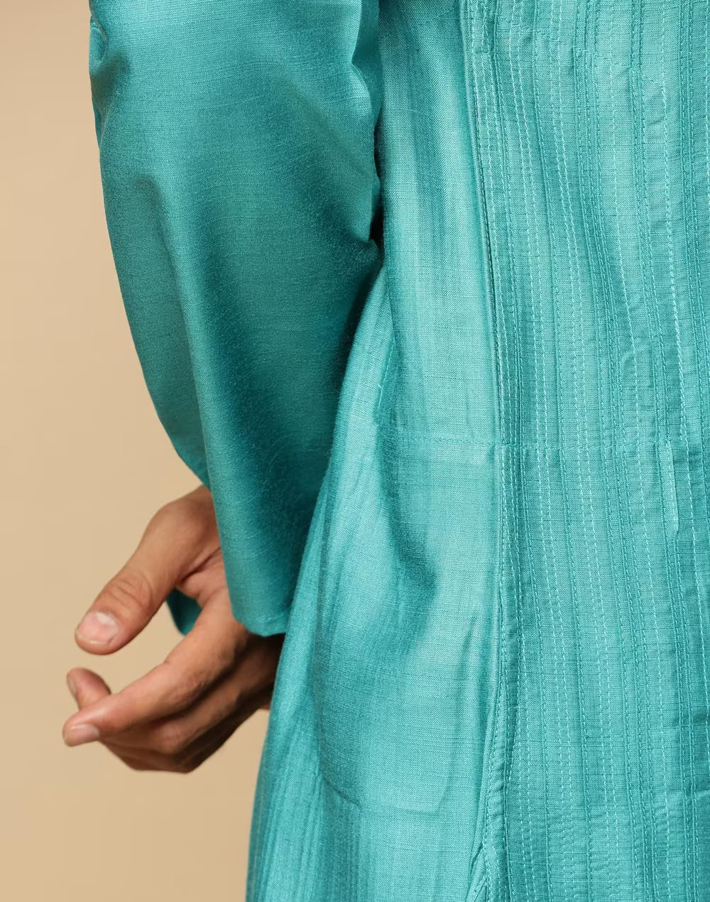 Turquoise Viscose Silk Pintucks Slim Fit Long Kurta