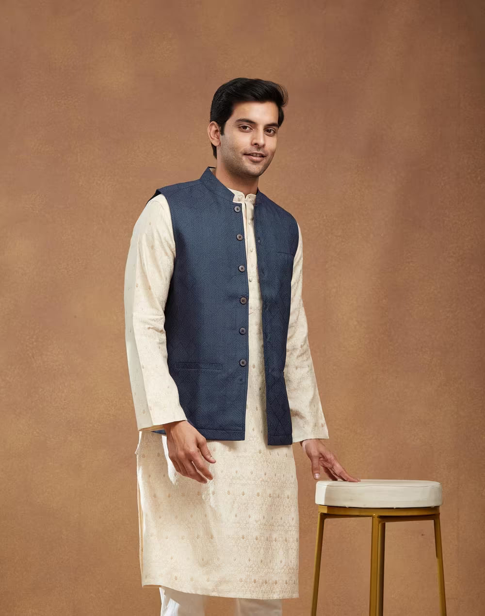 Navy Viscose Silk Hand Block Printed Nehru Jacket
