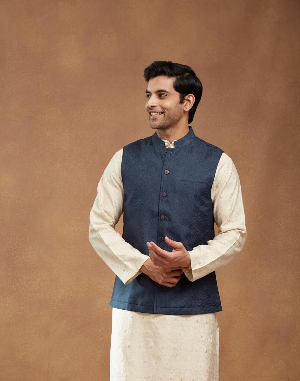 Navy Viscose Silk Hand Block Printed Nehru Jacket