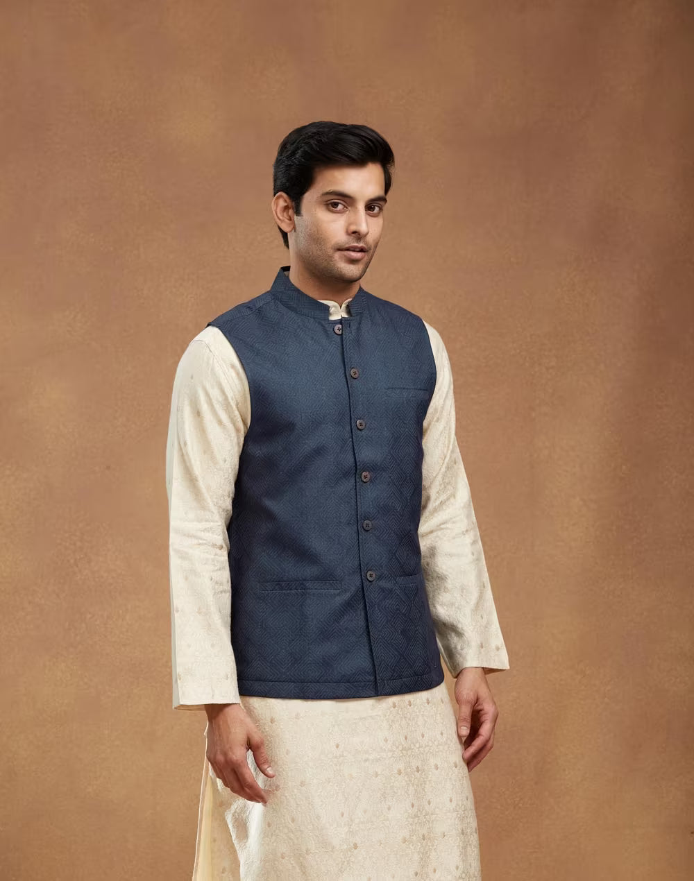 Navy Viscose Silk Hand Block Printed Nehru Jacket