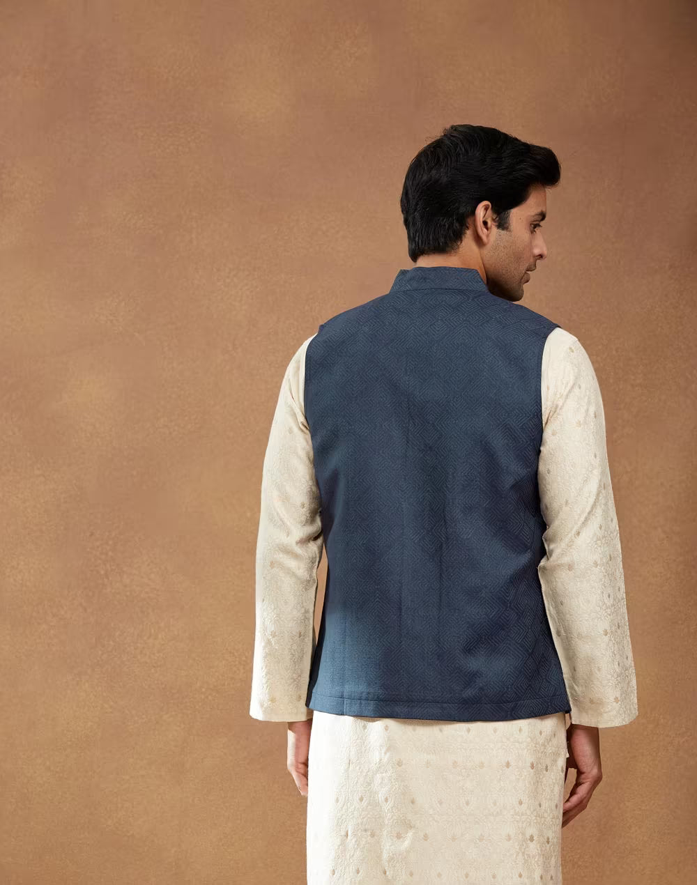 Navy Viscose Silk Hand Block Printed Nehru Jacket