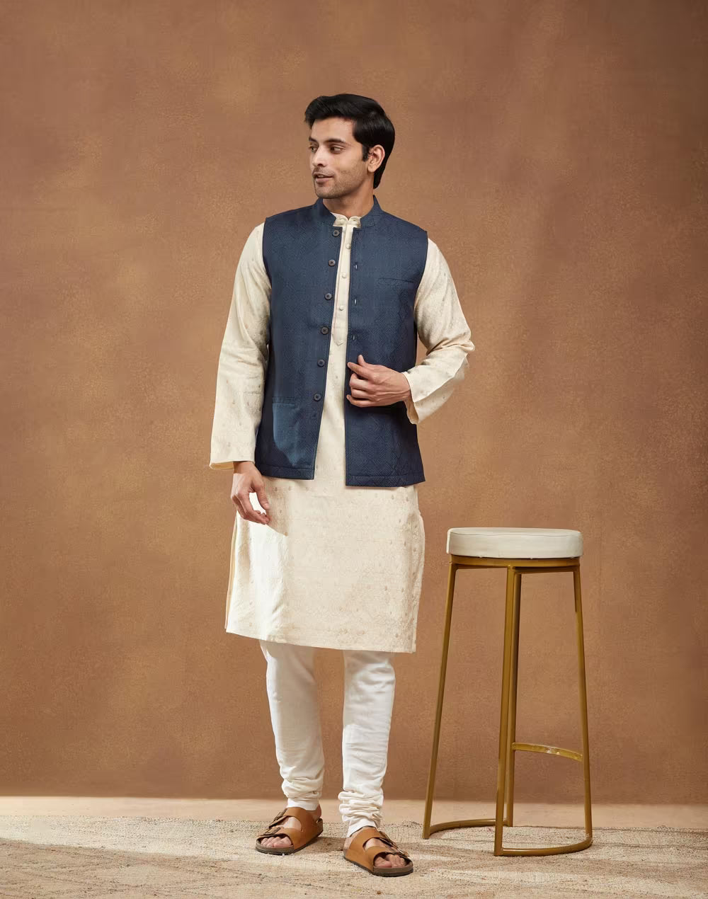 Navy Viscose Silk Hand Block Printed Nehru Jacket