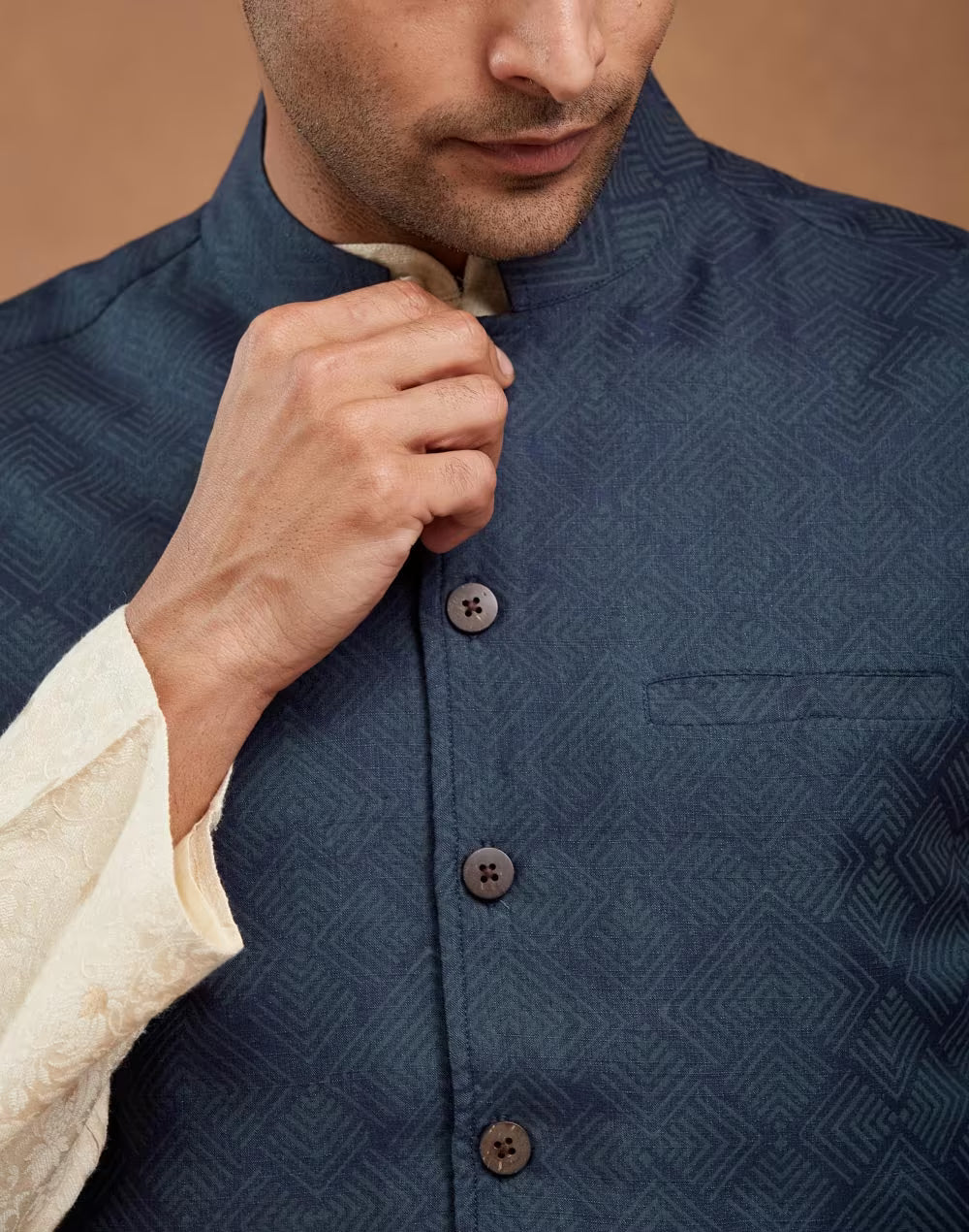 Navy Viscose Silk Hand Block Printed Nehru Jacket