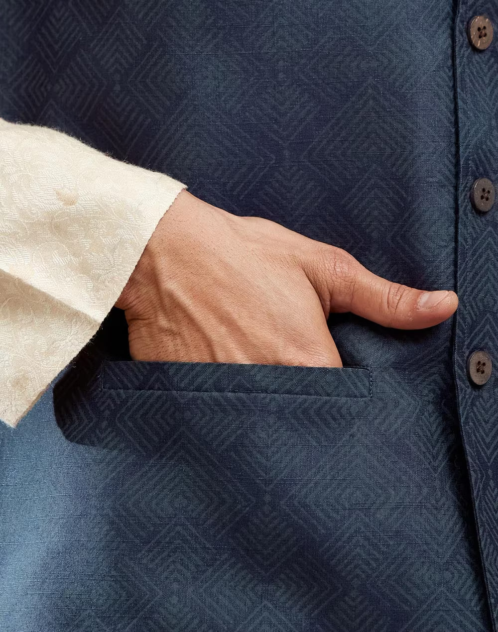 Navy Viscose Silk Hand Block Printed Nehru Jacket