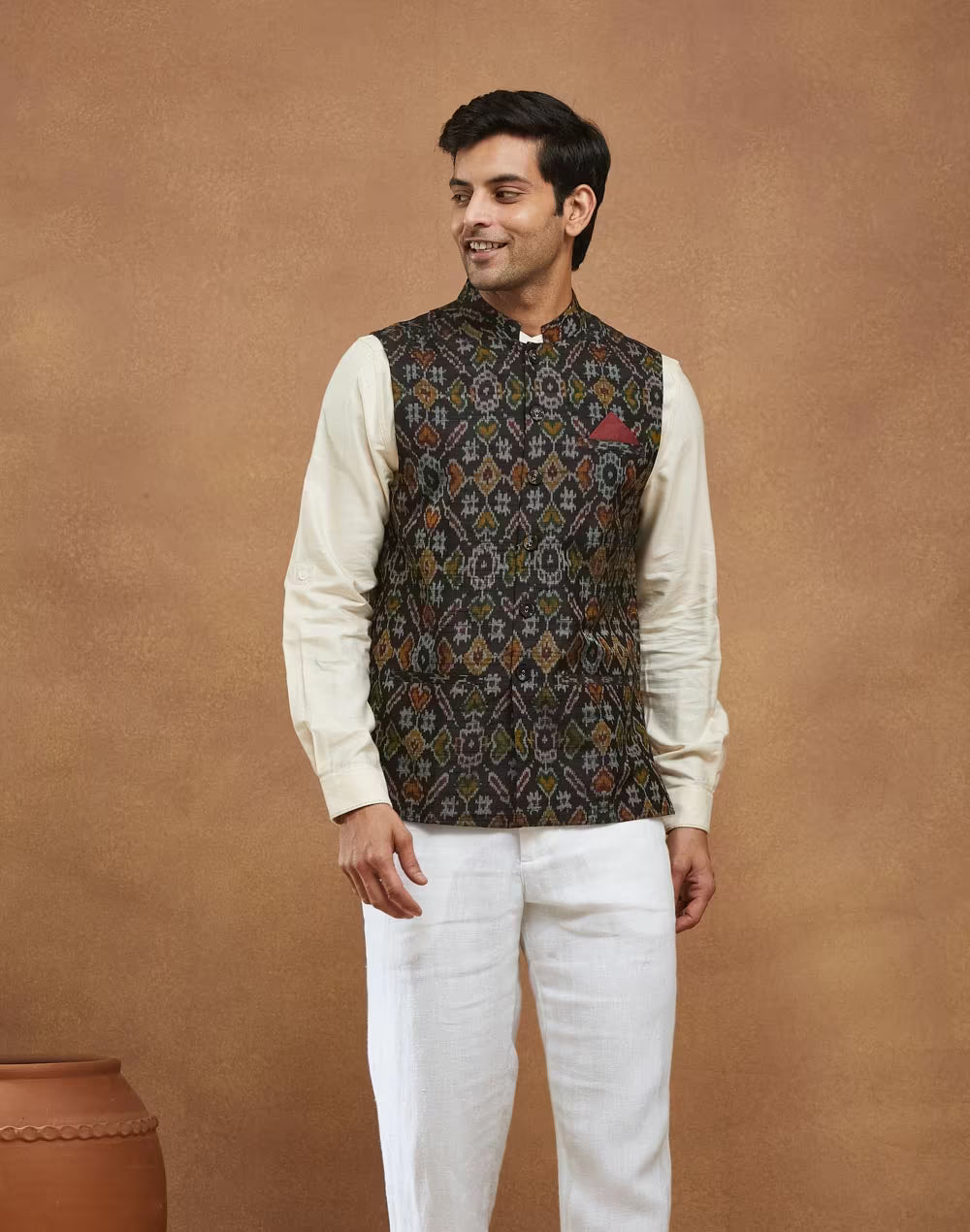 Black Silk Ikat Nehru Jacket
