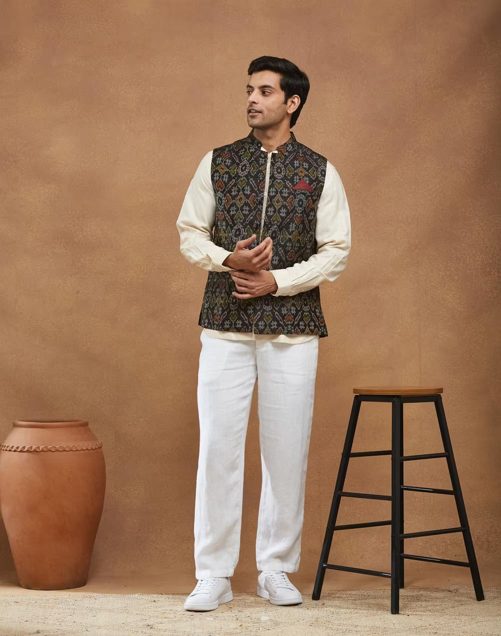 Black Silk Ikat Nehru Jacket