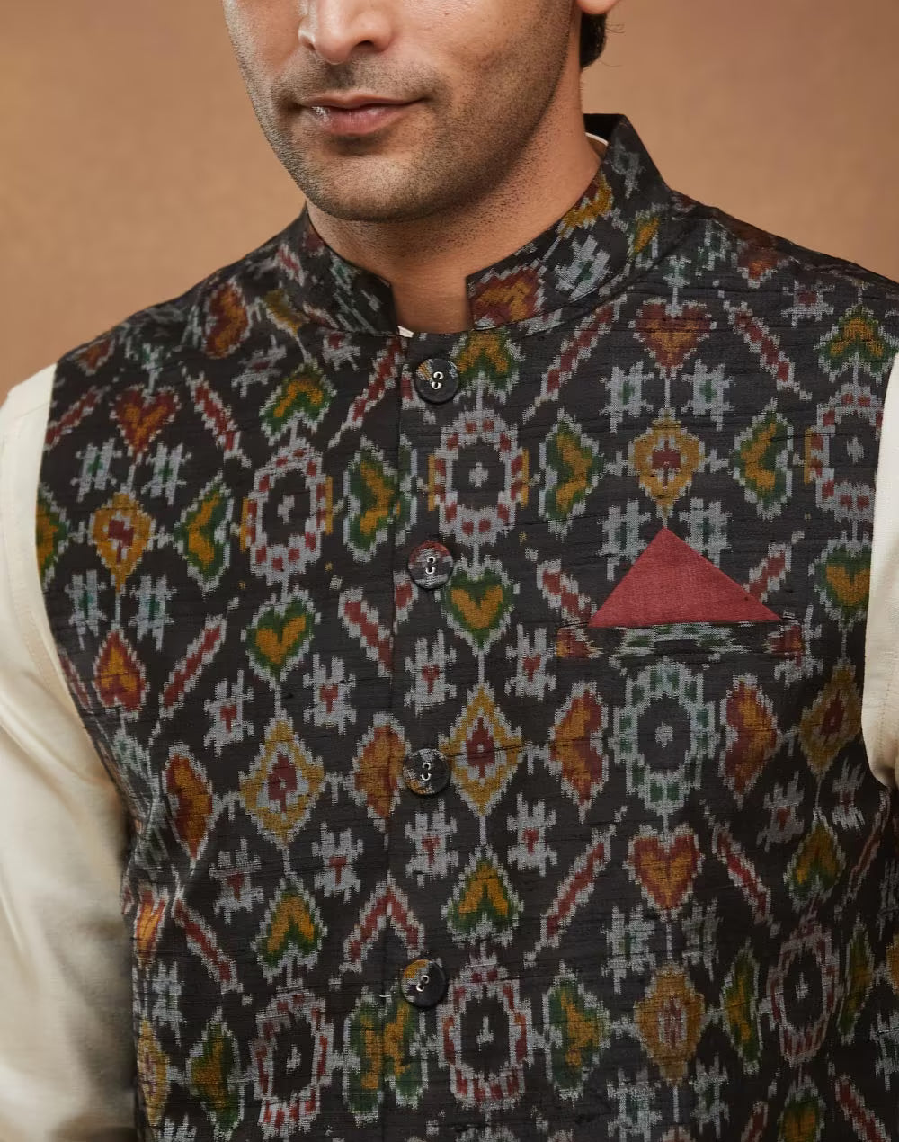 Black Silk Ikat Nehru Jacket