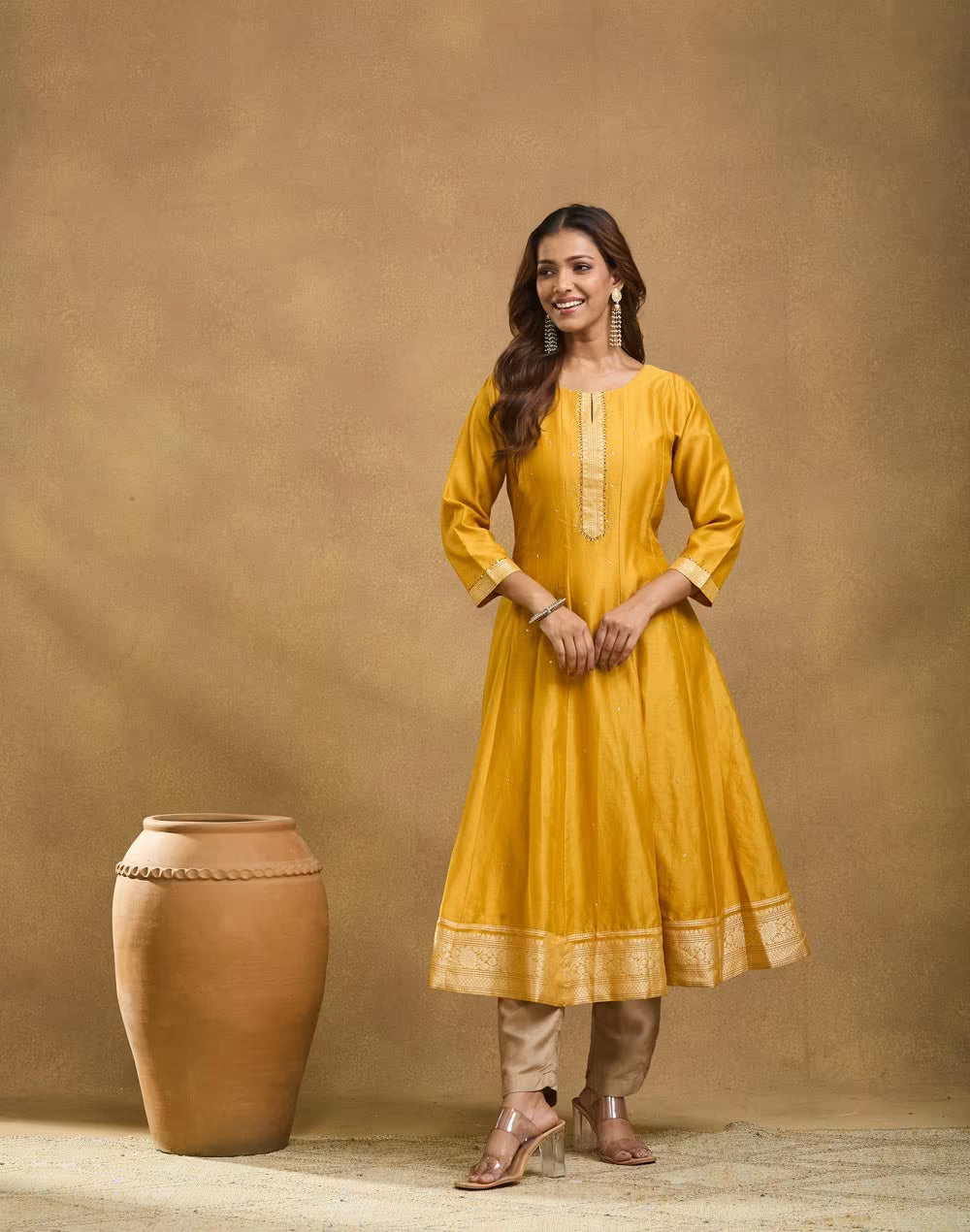 Yellow Cotton Silk Hand Embroidered Slim Fit Long Kurta