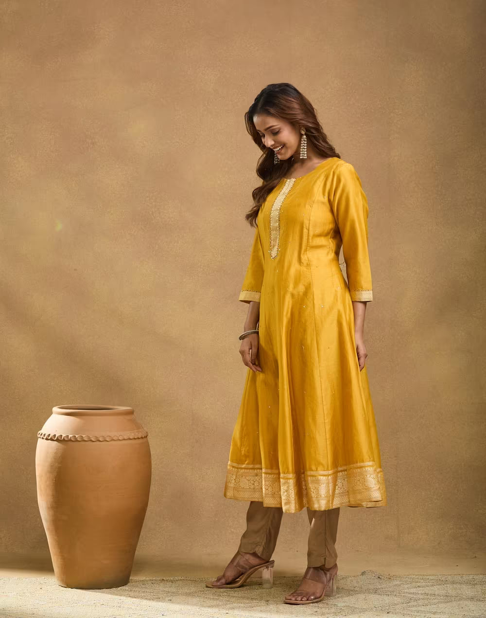 Yellow Cotton Silk Hand Embroidered Slim Fit Long Kurta