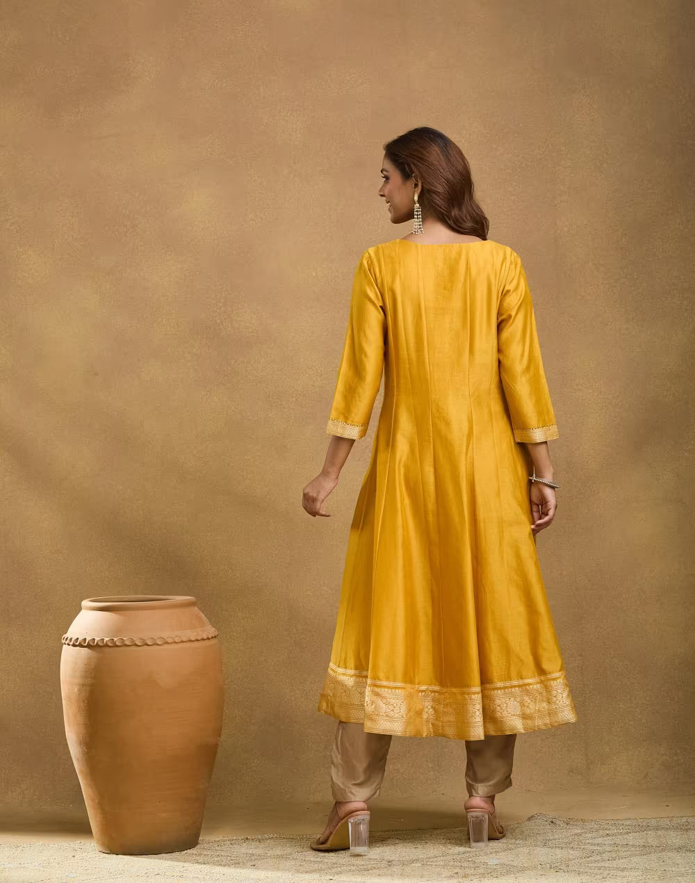 Yellow Cotton Silk Hand Embroidered Slim Fit Long Kurta
