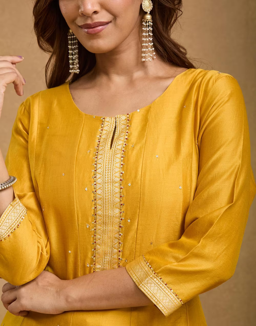 Yellow Cotton Silk Hand Embroidered Slim Fit Long Kurta