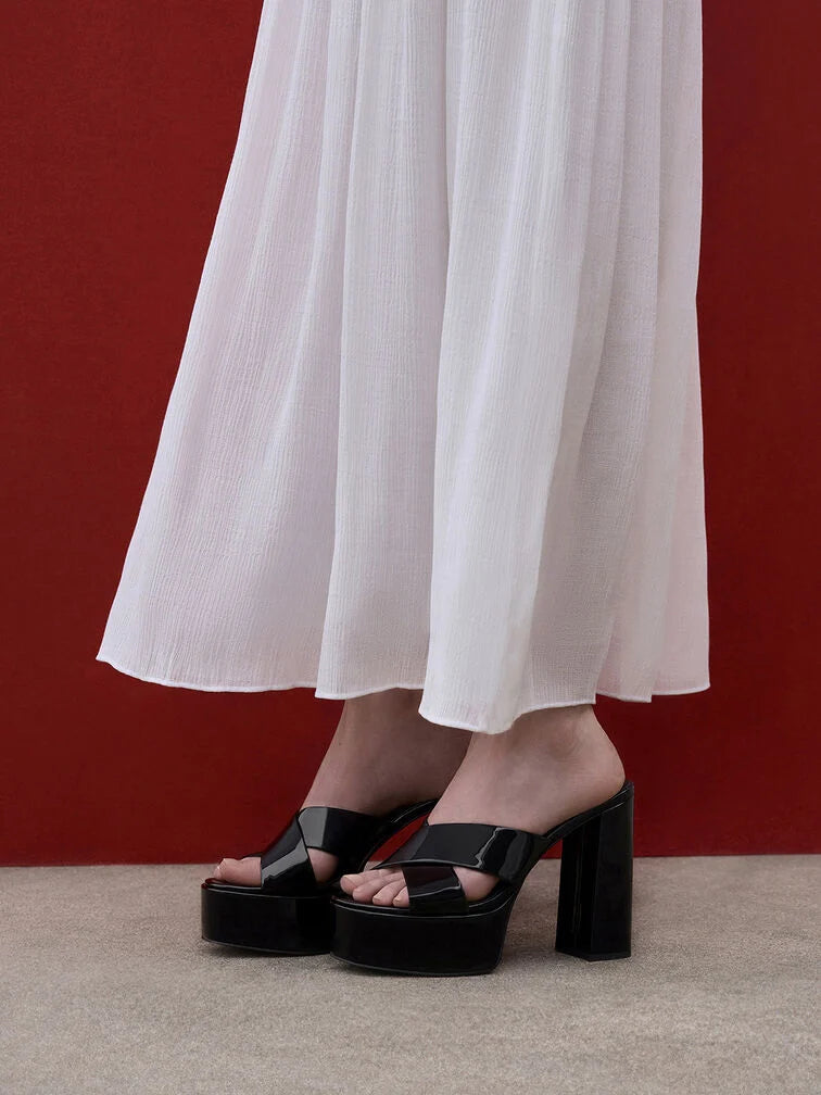 Charles & Keith Patent Crossover Strap Platform Mules