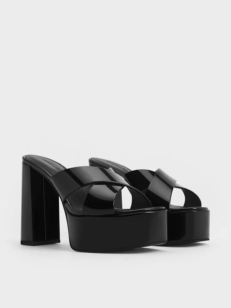 Charles & Keith Patent Crossover Strap Platform Mules