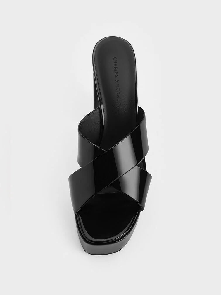 Charles & Keith Patent Crossover Strap Platform Mules