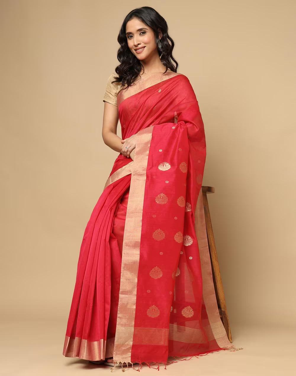 Red Cotton Silk Blend Chanderi Sari