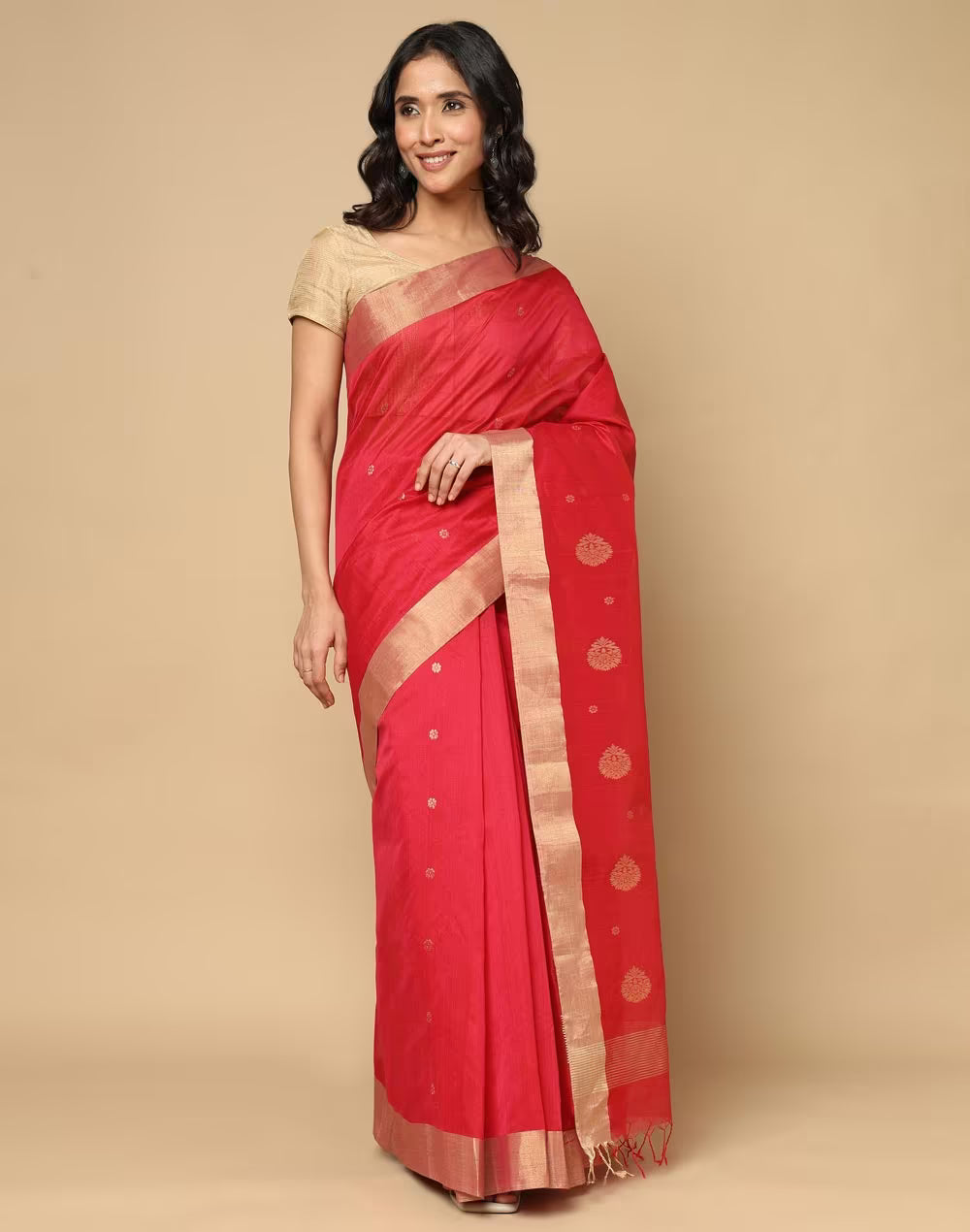 Red Cotton Silk Blend Chanderi Sari