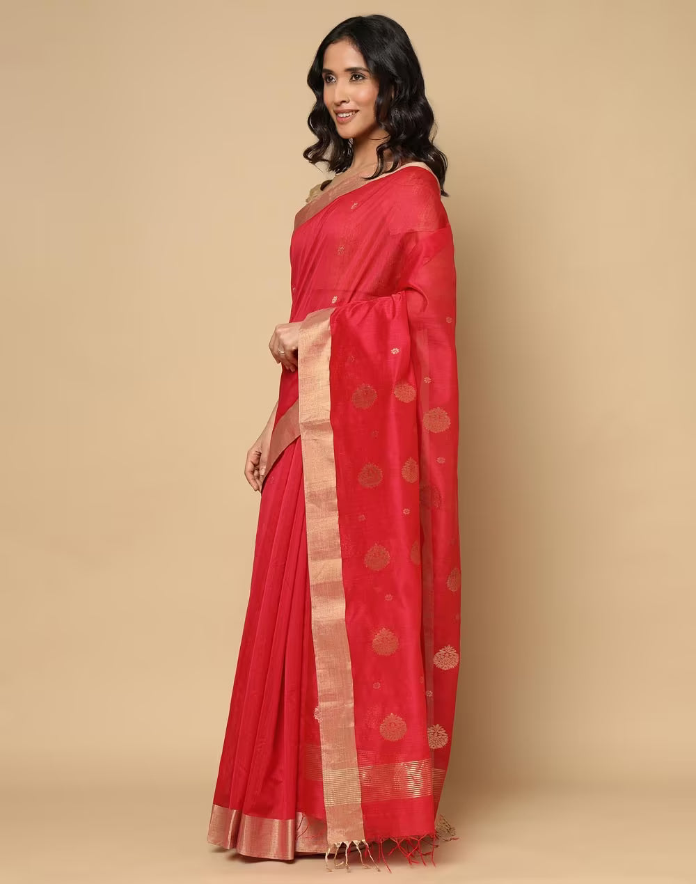 Red Cotton Silk Blend Chanderi Sari