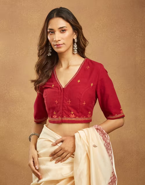 Pink Cotton Hand Embroidered Stitched Blouse