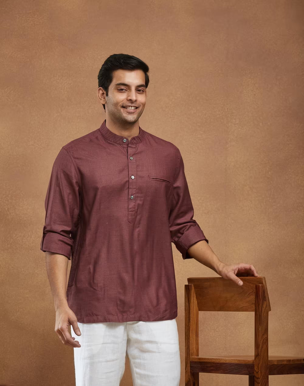 Wine Silk Slim Fit Mid Placket Shirt