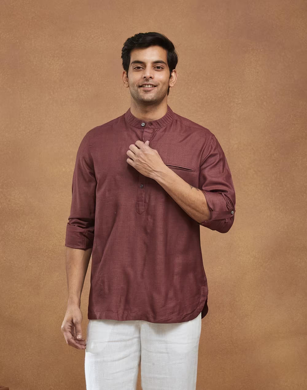 Wine Silk Slim Fit Mid Placket Shirt