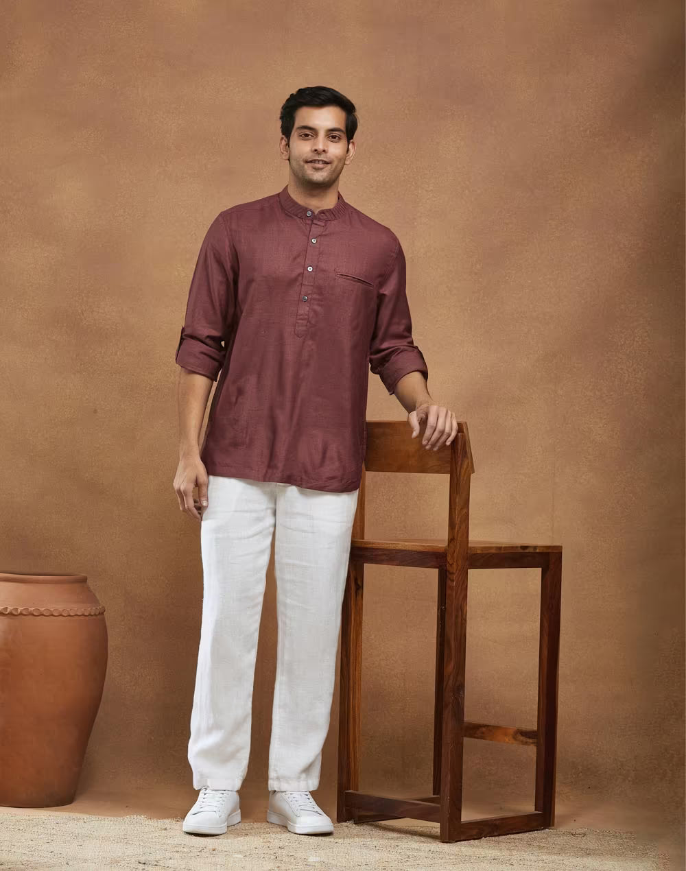 Wine Silk Slim Fit Mid Placket Shirt