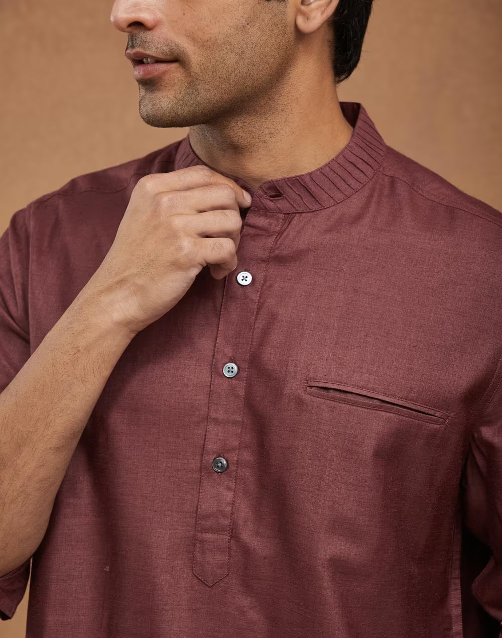 Wine Silk Slim Fit Mid Placket Shirt