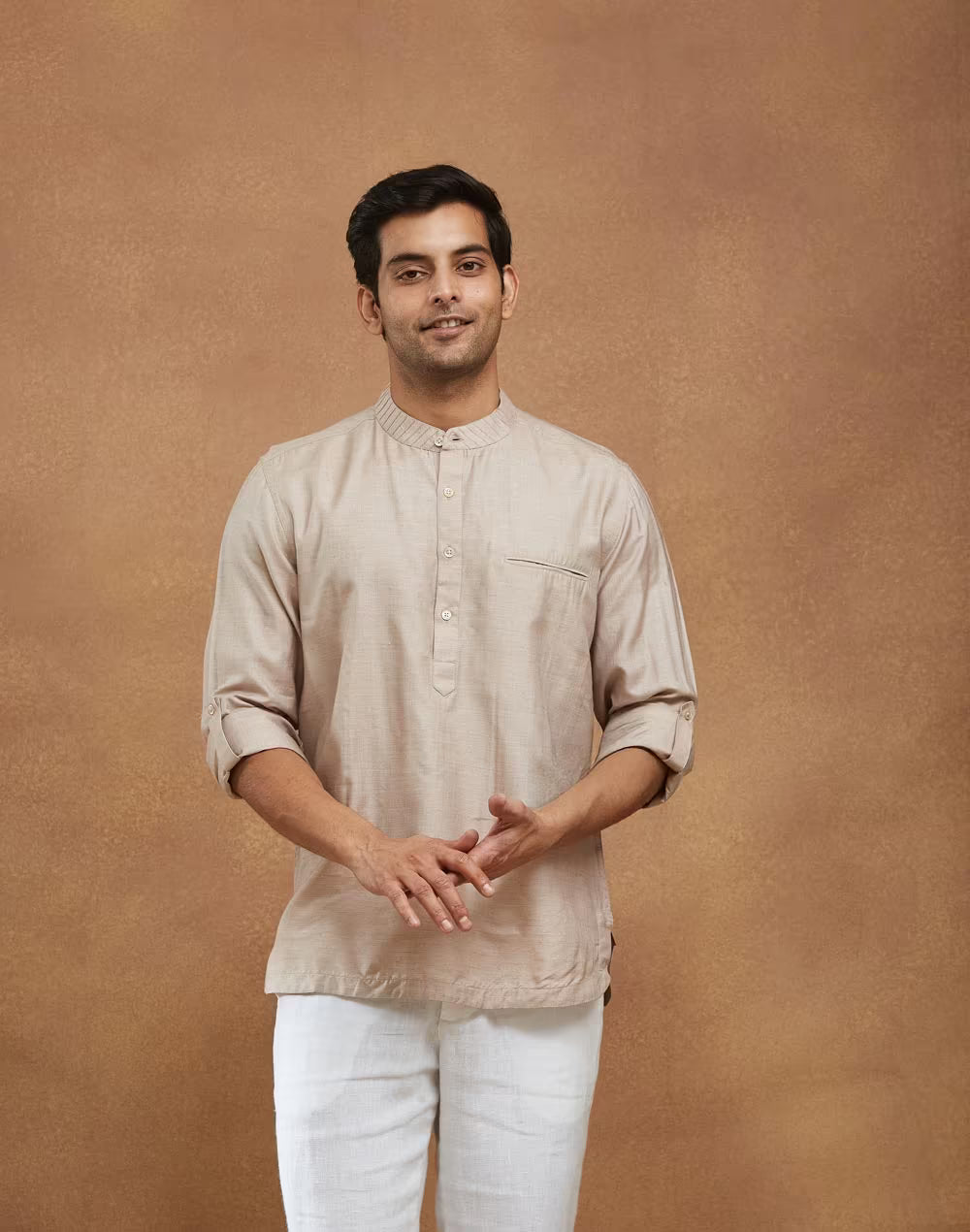 Beige Silk Slim Fit Mid Placket Shirt