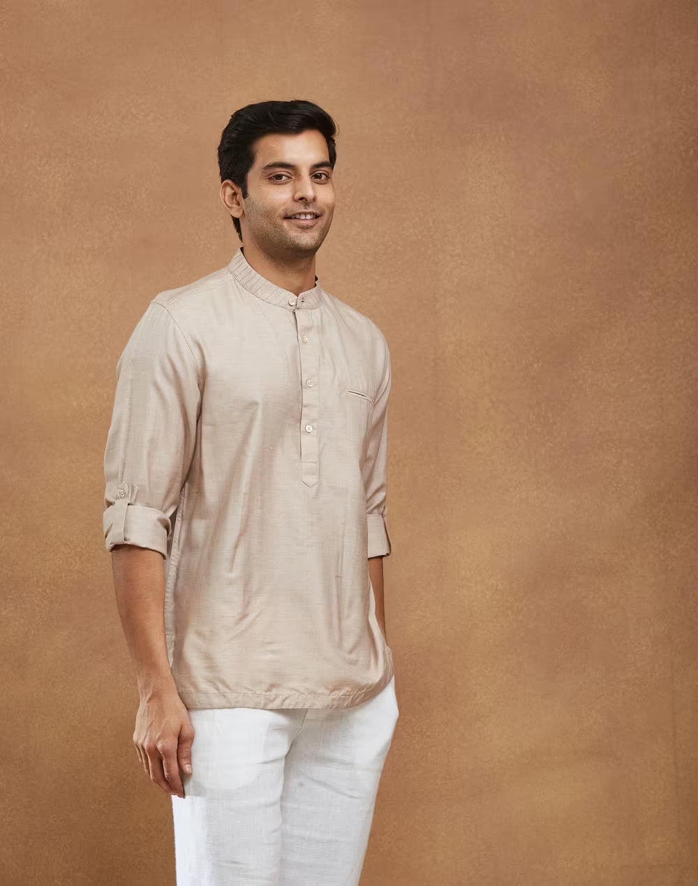 Beige Silk Slim Fit Mid Placket Shirt