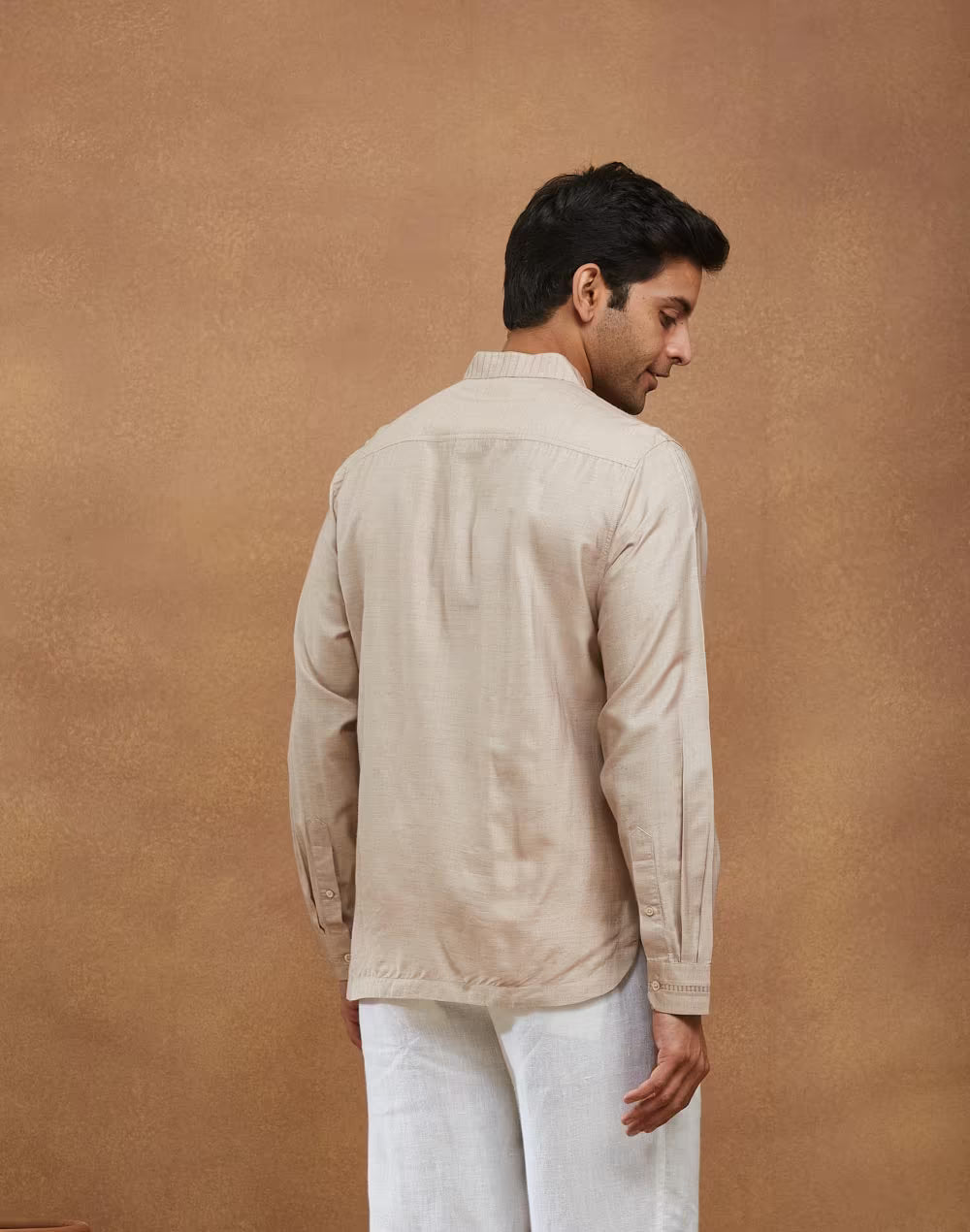 Beige Silk Slim Fit Mid Placket Shirt