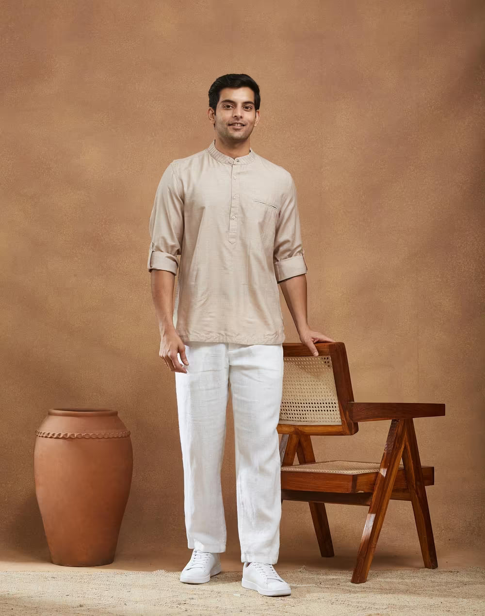 Beige Silk Slim Fit Mid Placket Shirt