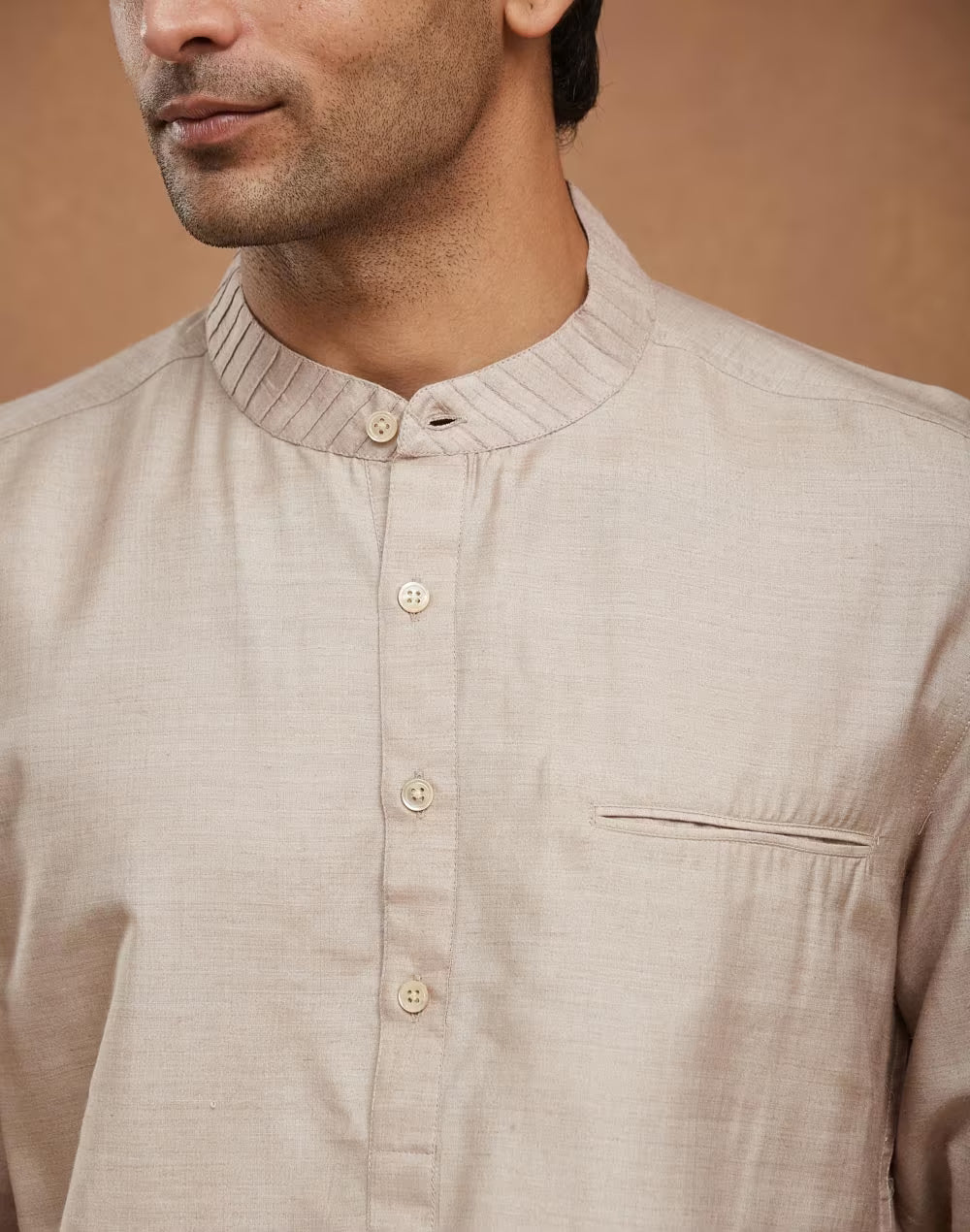 Beige Silk Slim Fit Mid Placket Shirt