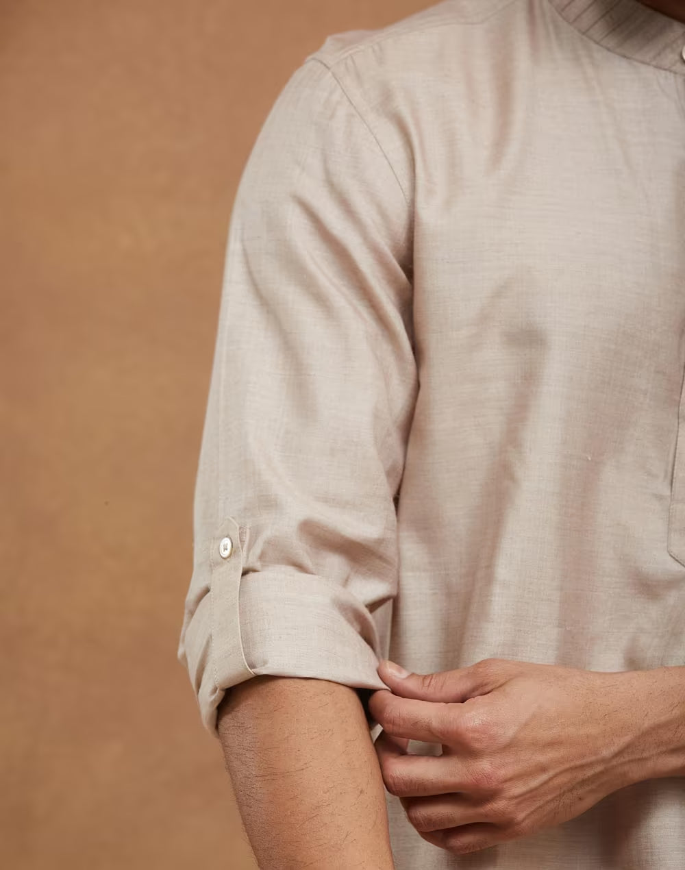 Beige Silk Slim Fit Mid Placket Shirt