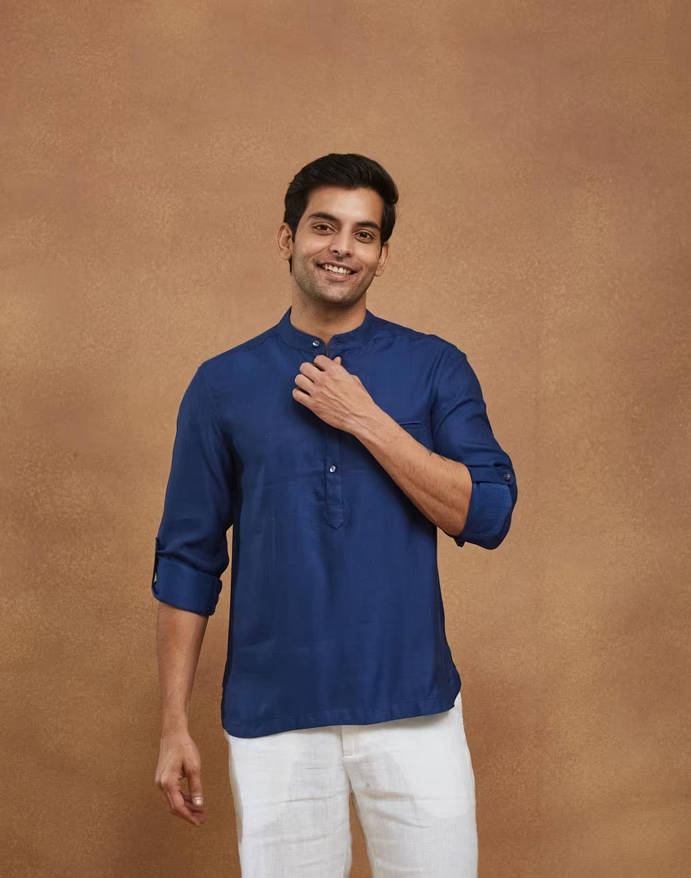 Blue Viscose Silk Dobby Slim Fit Mid Placket Shirt
