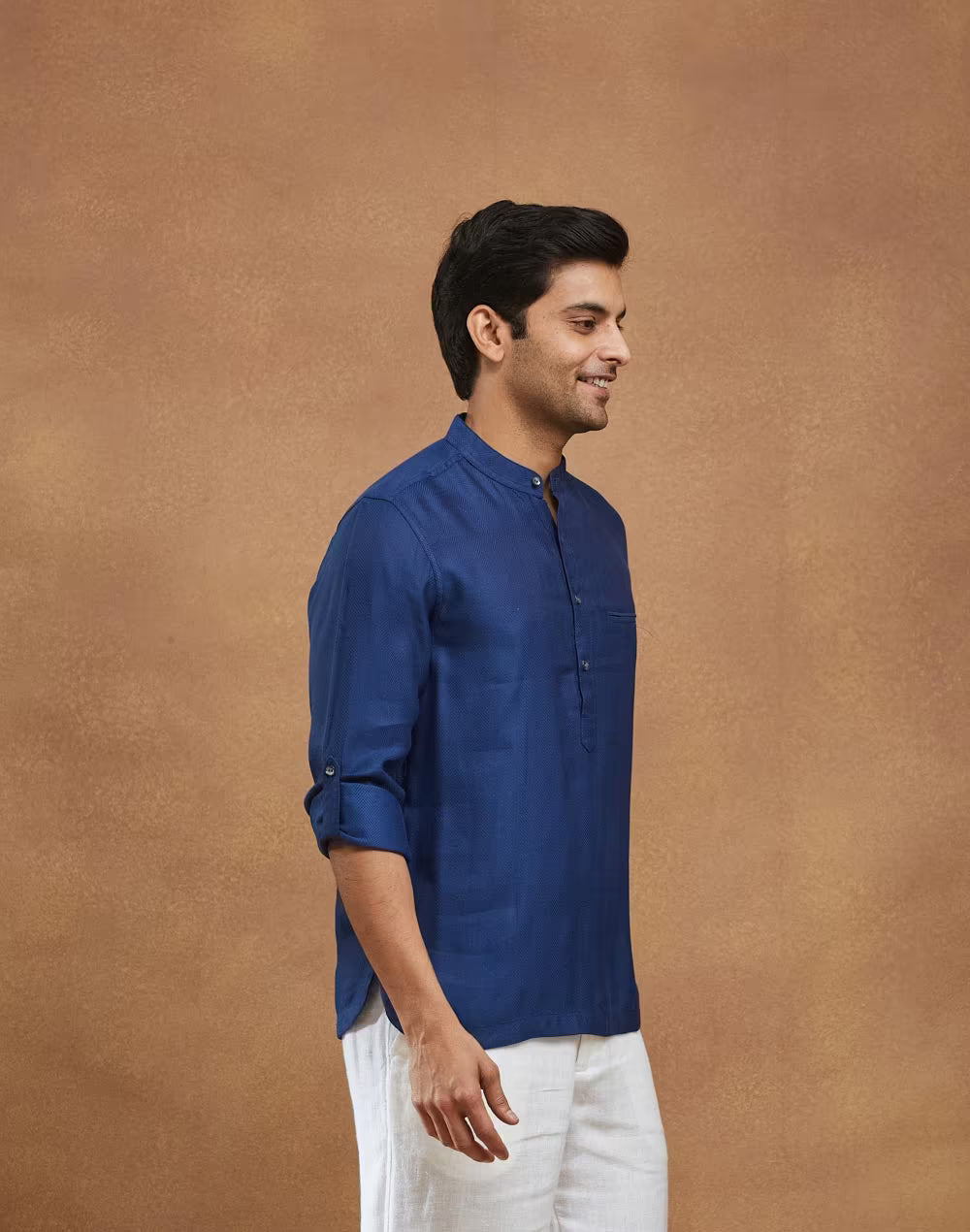Blue Viscose Silk Dobby Slim Fit Mid Placket Shirt