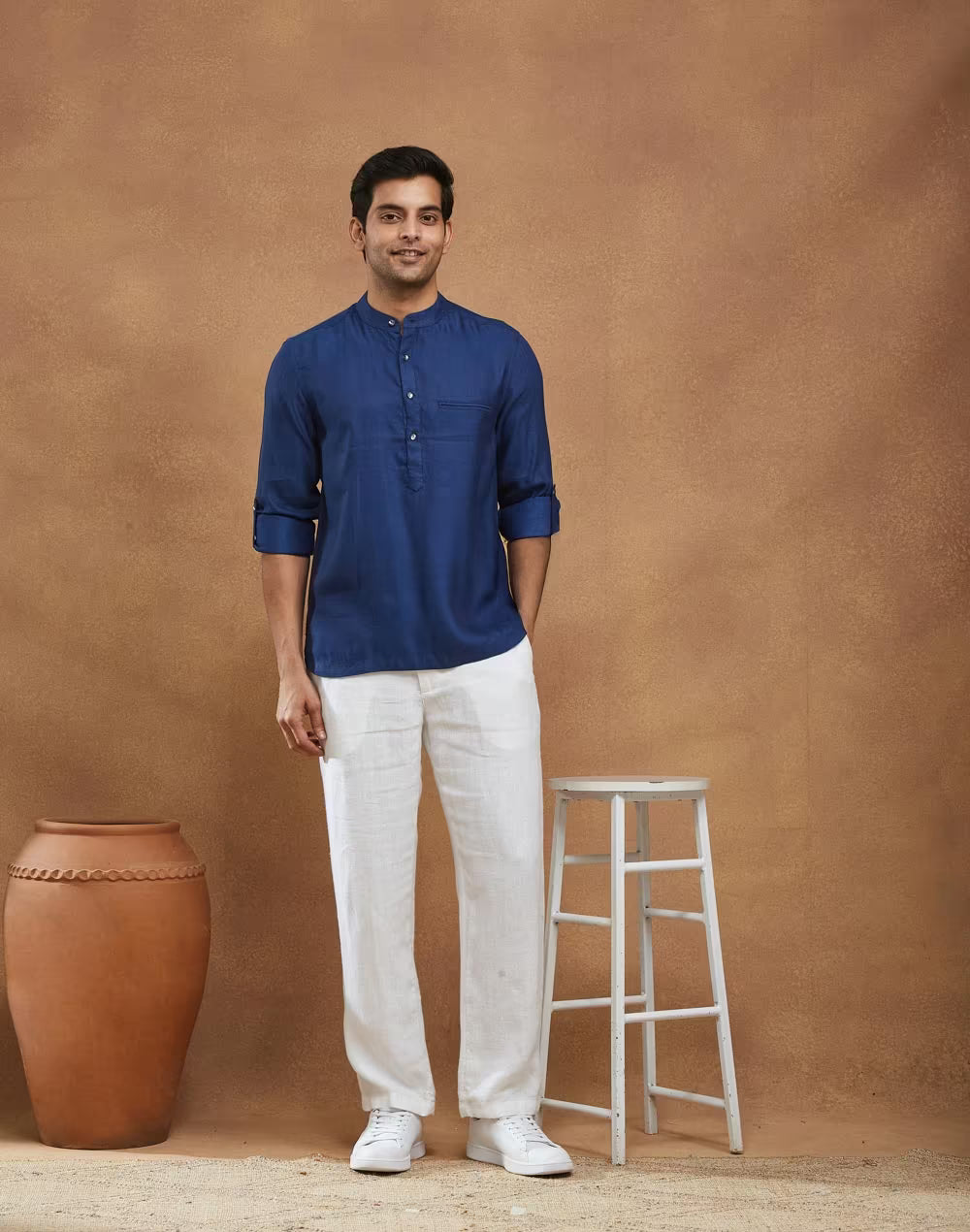 Blue Viscose Silk Dobby Slim Fit Mid Placket Shirt